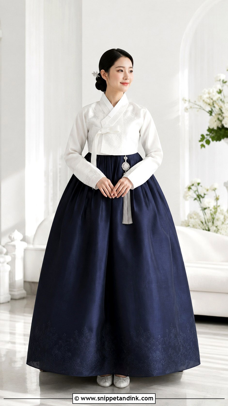 Navy Chima White Jeogori Hanbok - Snippet and Ink - 25 Traditional Korean Wedding Dress Ideas