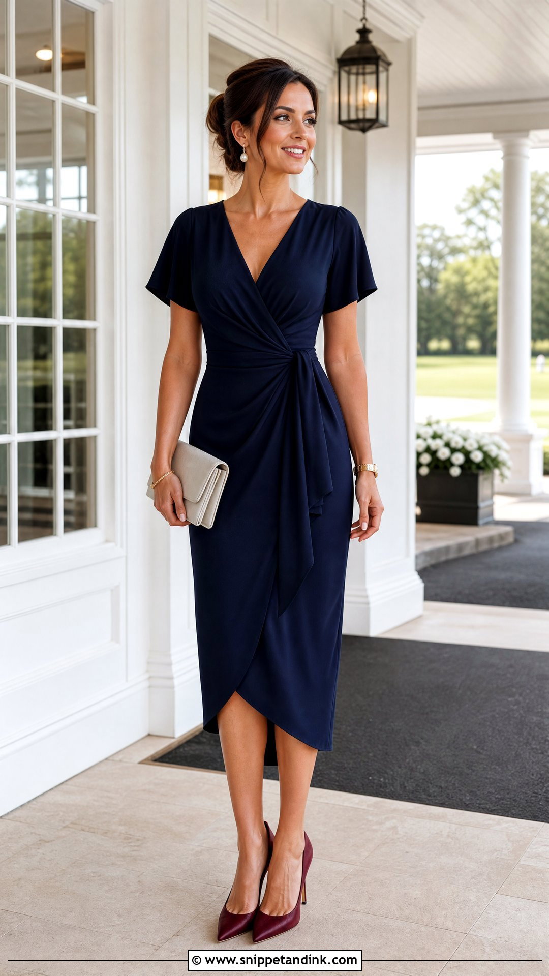 Navy Cocktail Dress With Pearl Earrings - Snippet and Ink - 20 Wedding Event Dresses