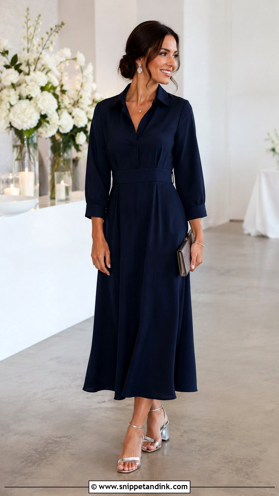Navy Crepe Long Shirt Dress With Silver Sandals - Snippet and Ink - 20 Long Shirt Dress for Wedding Ideas