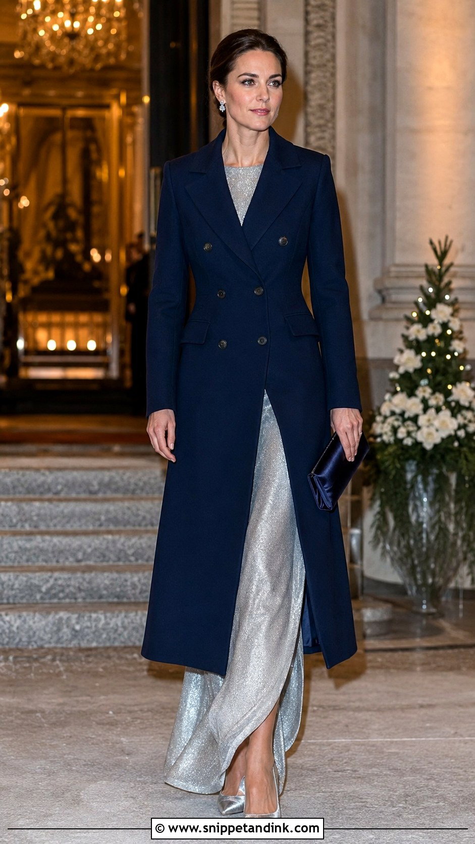 Navy Double Breasted Coat With Silver Gown - Snippet and Ink - 20 Formal Coats for Women Wedding Ideas