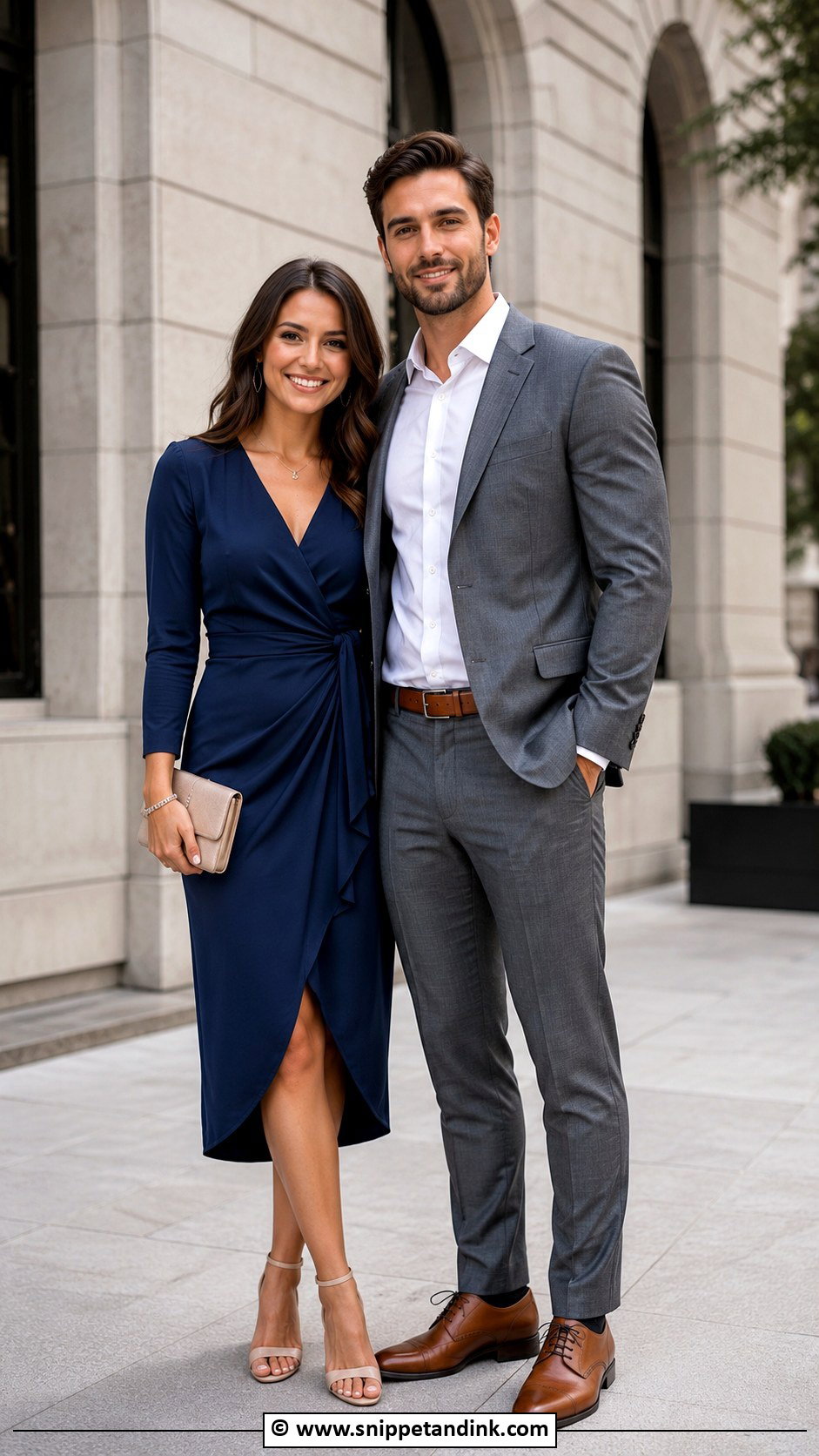 Navy Dress And Gray Suit Couple Photoshoot Outfit - Snippet and Ink - 30 Couple Photoshoot Outfits