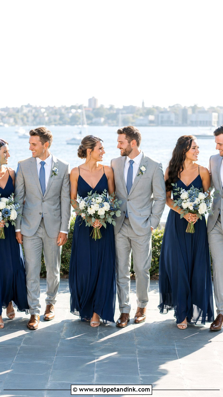 Navy Dresses And Light Gray Suits - Snippet and Ink - 20 Navy Bridal Party Ideas