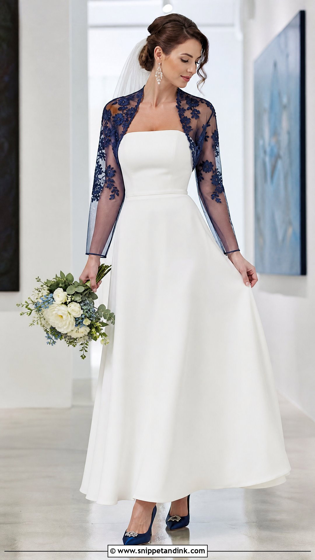 Navy Embroidered Bolero With White Wedding Dress - Snippet and Ink - 20 Wedding Bolero Long Sleeve Ideas