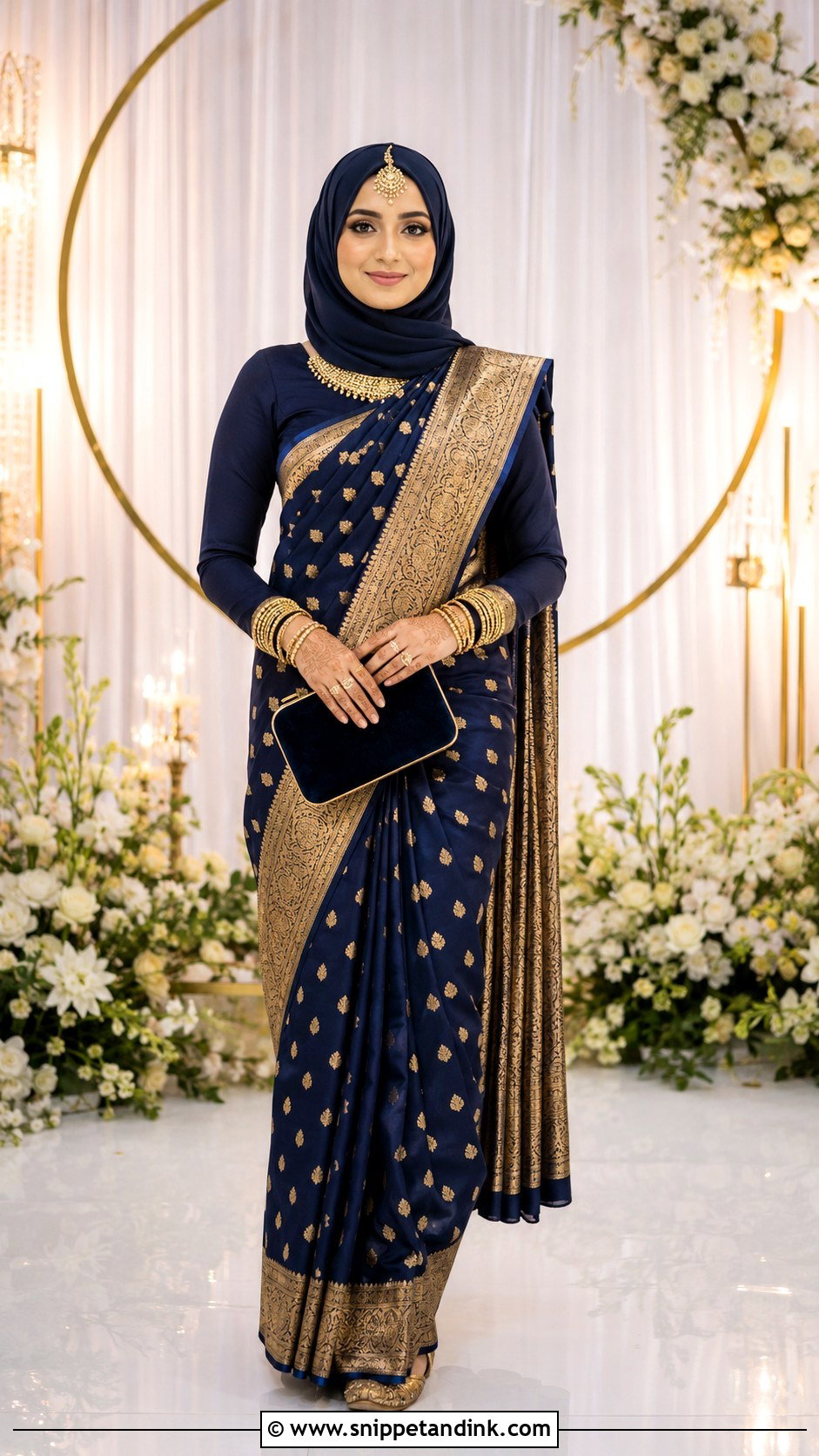 Navy Gold Saree Hijabi Bride - Snippet and Ink - 20 Desi Hijabi Bride Ideas