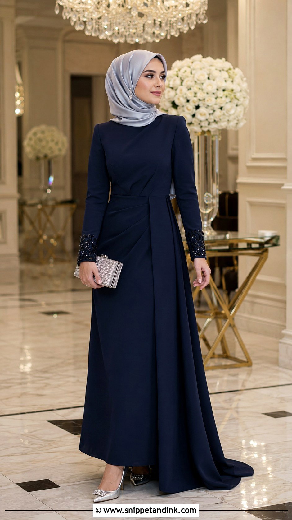 Navy Gown And Silver Hijab Black Tie Wedding Outfit - Snippet and Ink - 20 Hijab Outfit Wedding Ideas