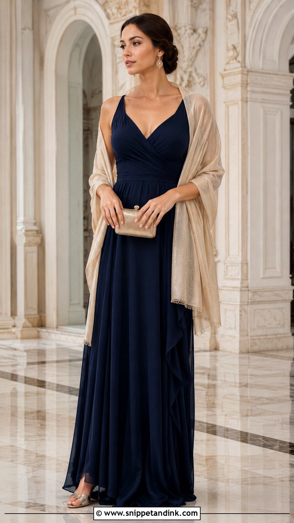 Navy Gown With Champagne Shawl - Snippet and Ink - 20 Dress and Shawl Ideas