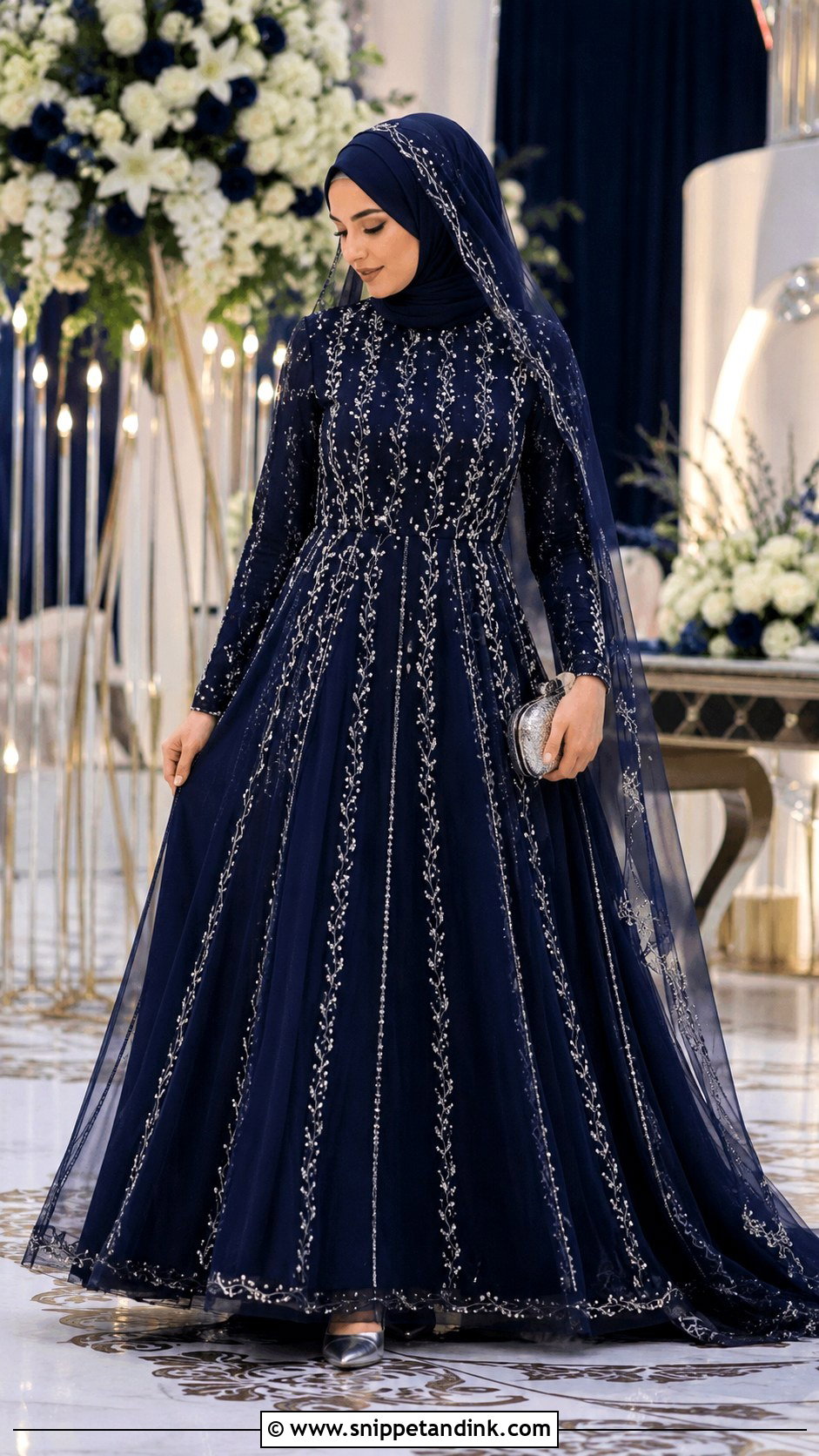 Navy Islamic Bridal Dress With Silver Embroidery - Snippet and Ink - 20 Islamic Bride Dress Ideas