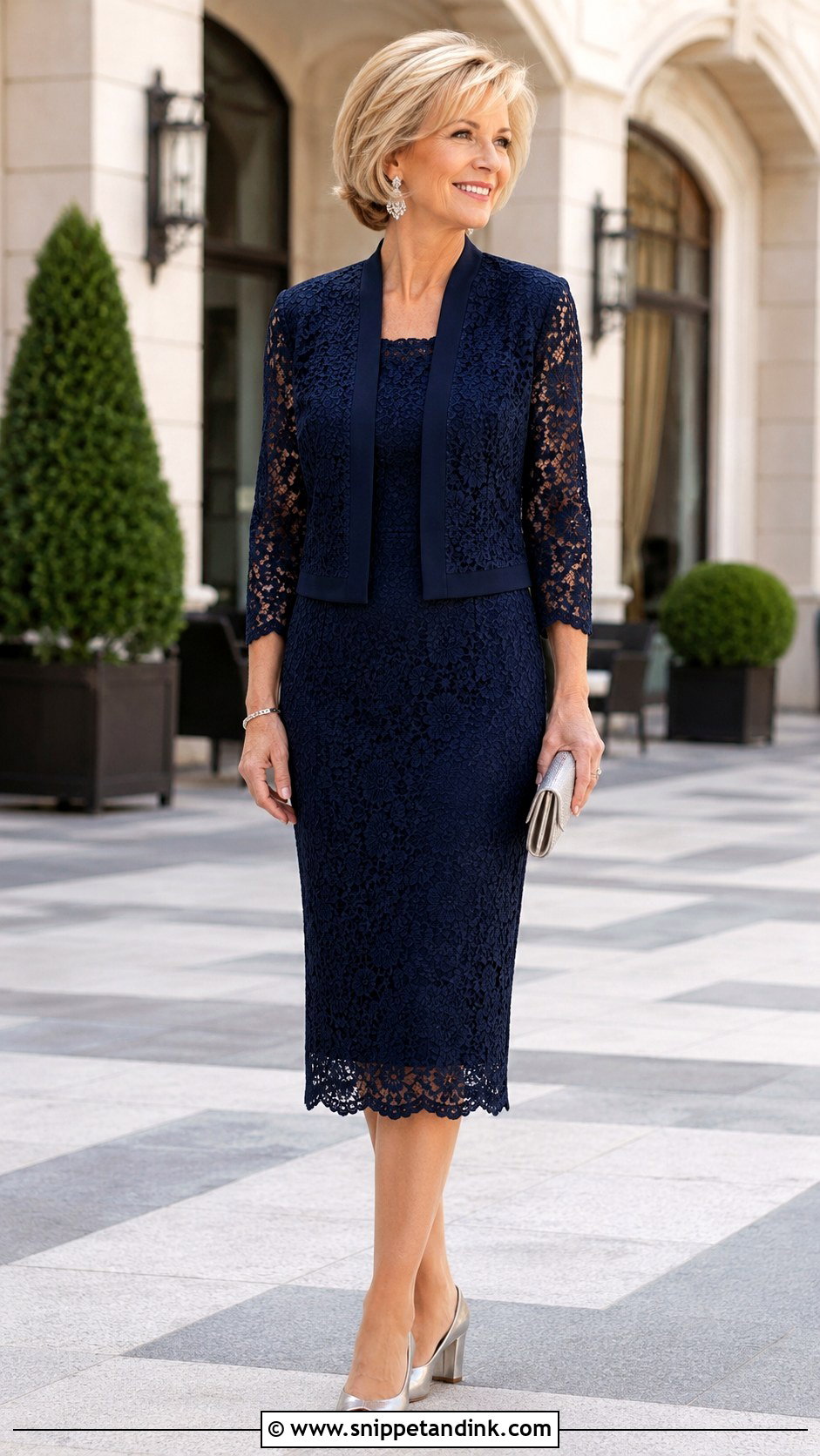 Navy Lace Mother Of The Bride Midi Dress - Snippet and Ink - 20 Brides Mum Outfit Ideas