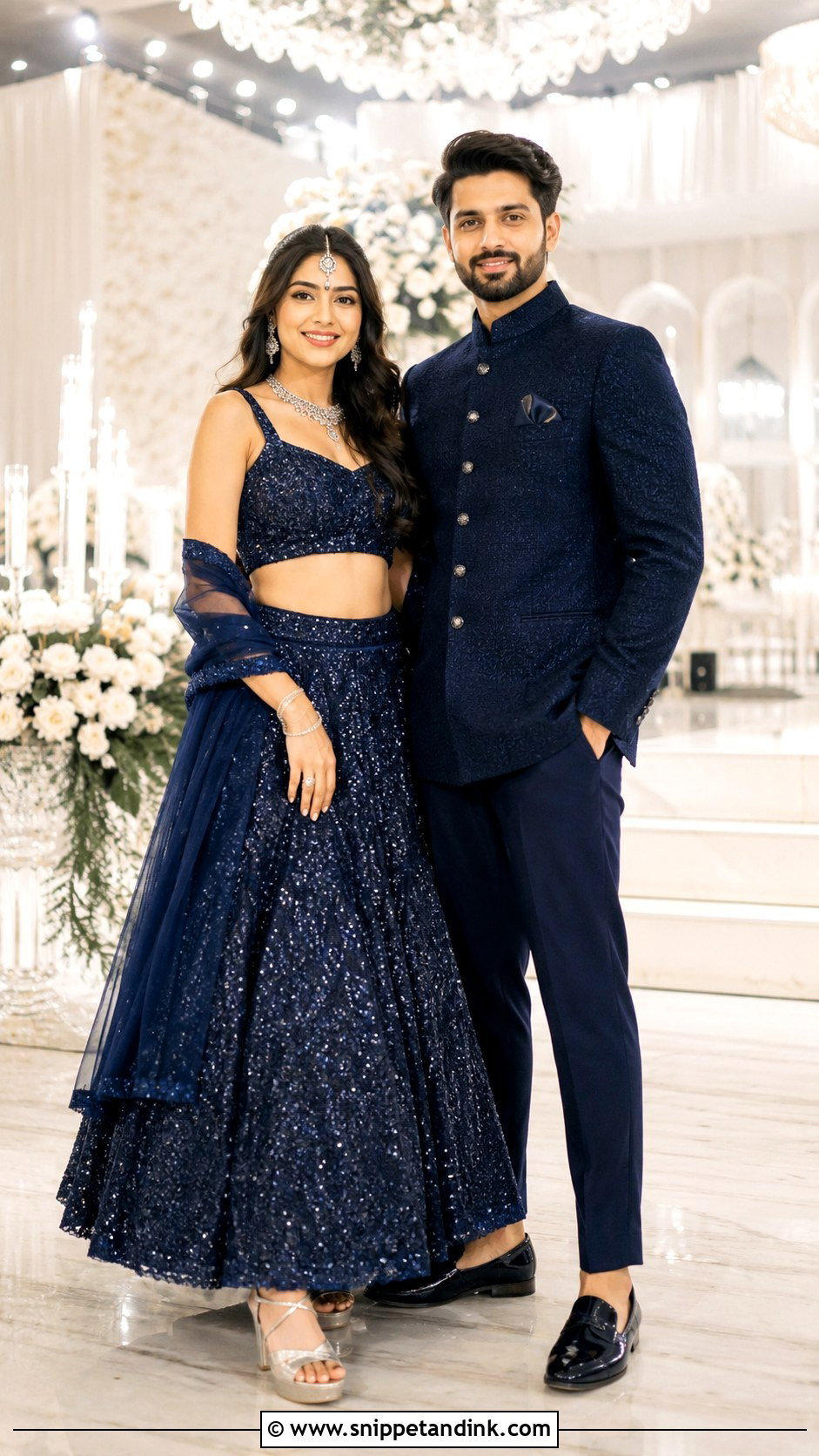 Navy Lehenga And Bandhgala Sangeet Couple Outfit - Snippet and Ink - 20 Couple Matching Indian Outfits