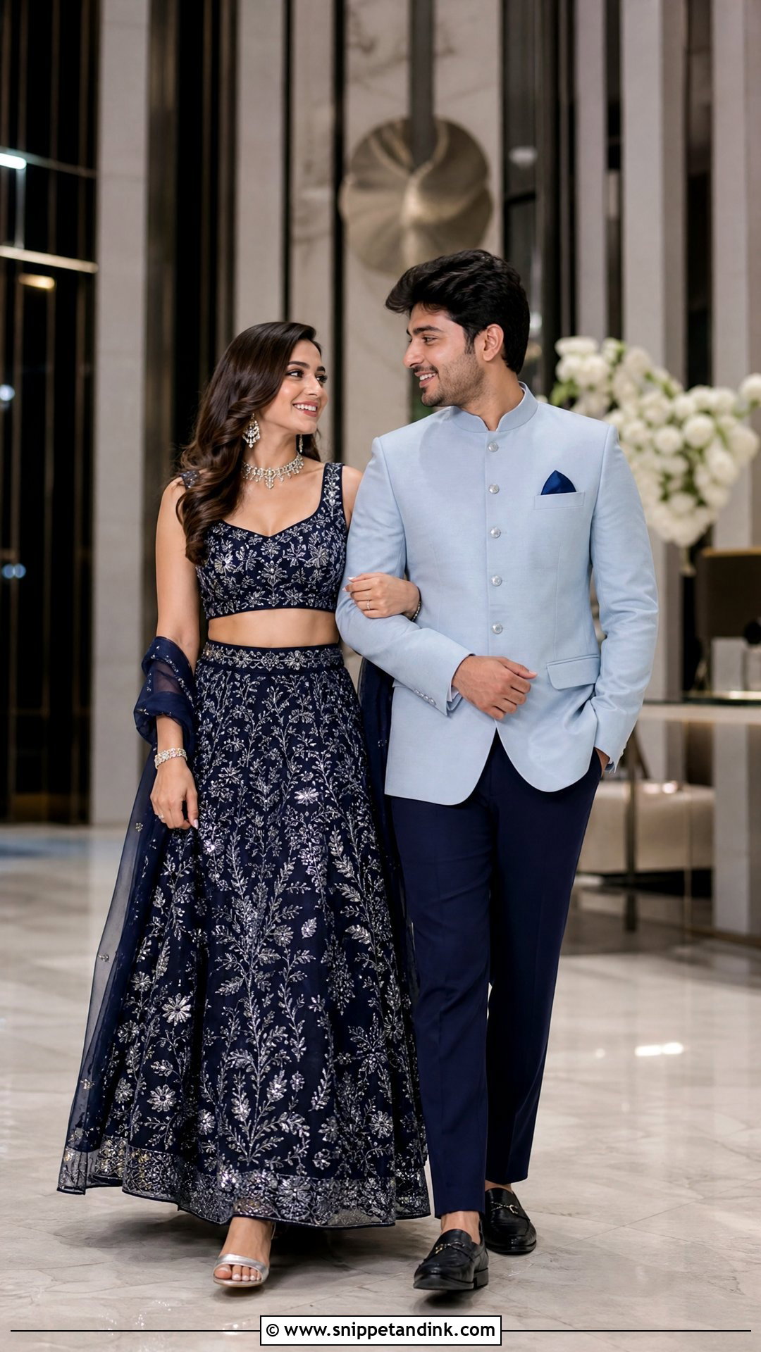 Navy Lehenga And Powder Blue Bandhgala Sangeet Couple Outfit - Snippet and Ink - 25 Sangeet Couple Outfits