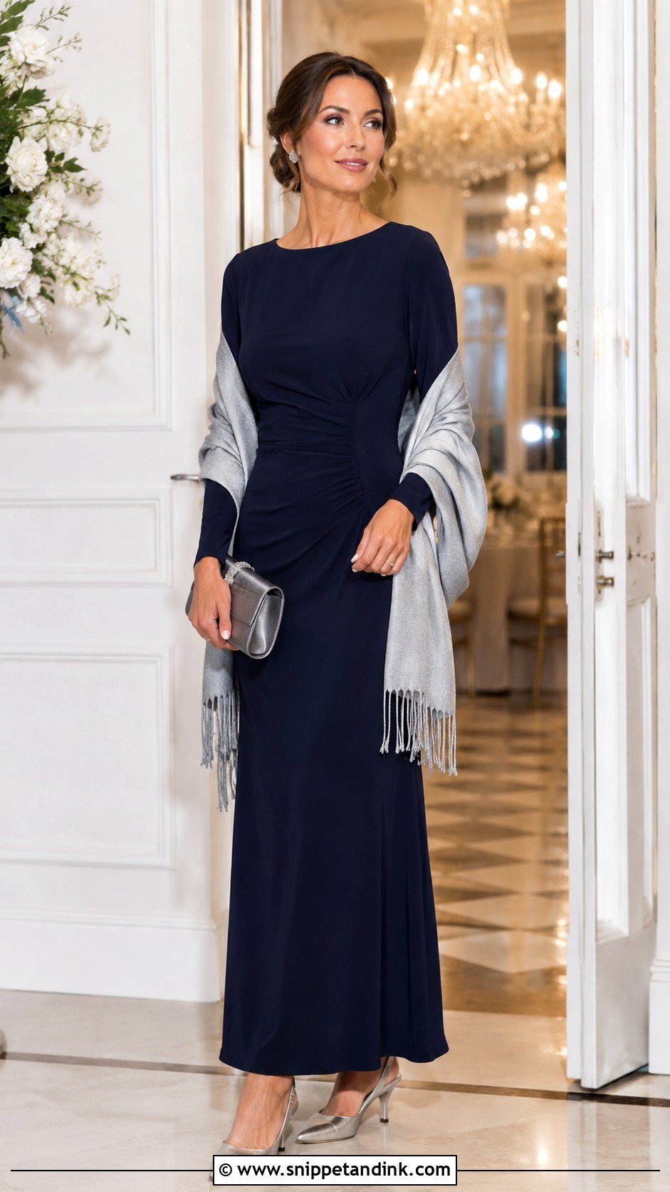 Navy Long Sleeve Fall Wedding Dress With Silver Accessories - Snippet and Ink - 20 Fall Wedding Dresses