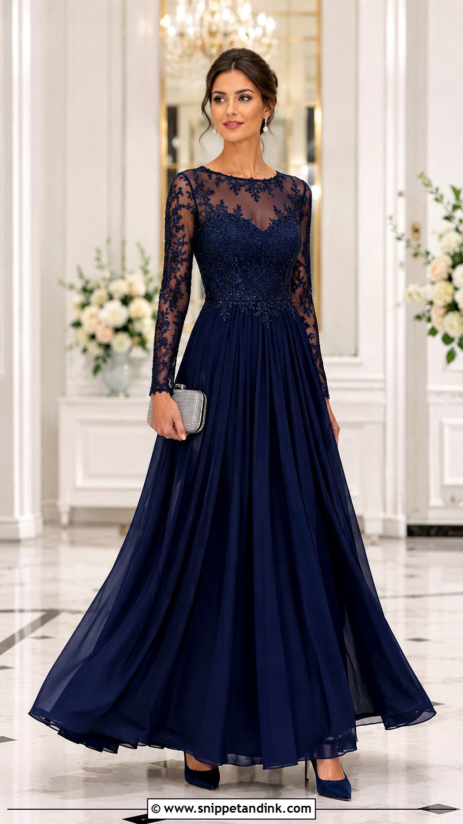 Navy Long Sleeve Princess Gown - Snippet and Ink - 20 Gowns Princess