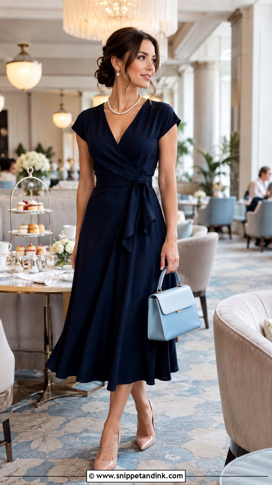 Navy Midi Dress And Pearl Accessories Bridal Tea Party Outfit - Snippet and Ink - 20 Bridal Tea Party Outfit Ideas