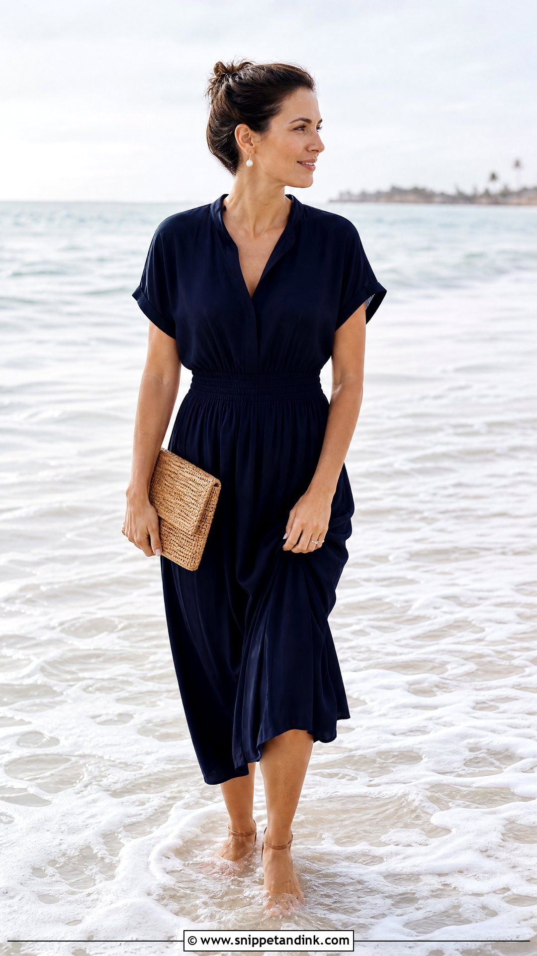 Navy Midi Dress Standing In Water - Snippet and Ink - 25 Beach Poses with Dress Ideas
