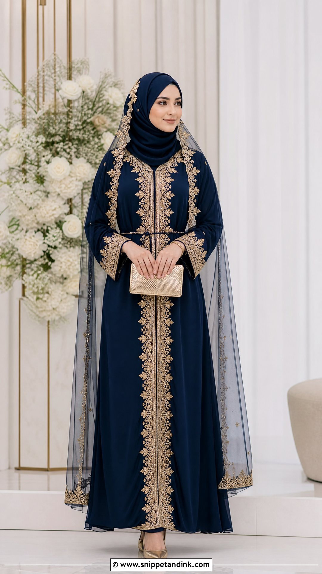 Navy Nikah Hijab With Gold Kaftan - Snippet and Ink - 20 Nikah Hijab Style Ideas