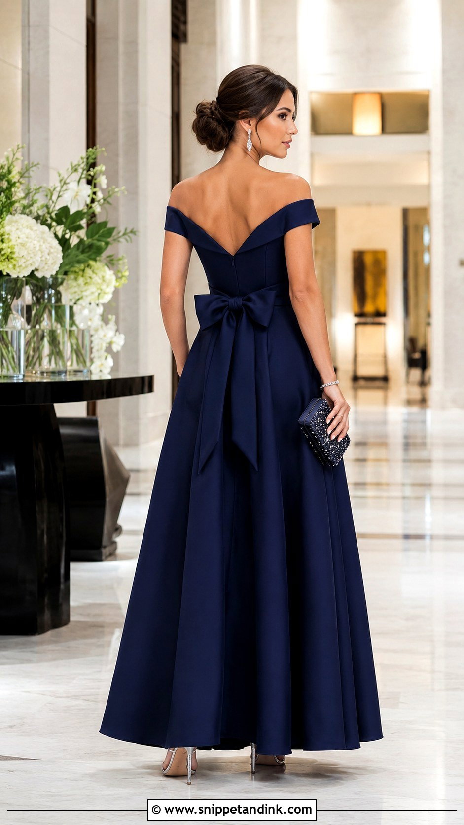 Navy Off Shoulder Gown With Back Bow - Snippet and Ink - 20 Gown with Bow At the Back Ideas