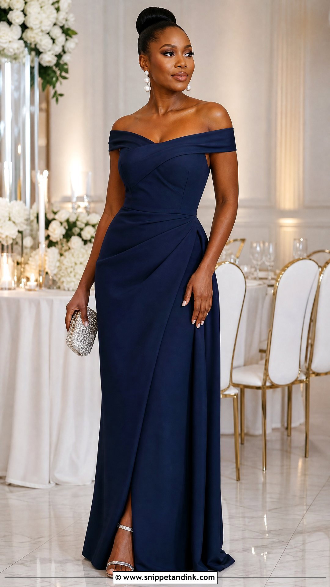 Navy Off Shoulder Wedding Guest Outfit - Snippet and Ink - 20 Wedding Outfit Black Women Ideas