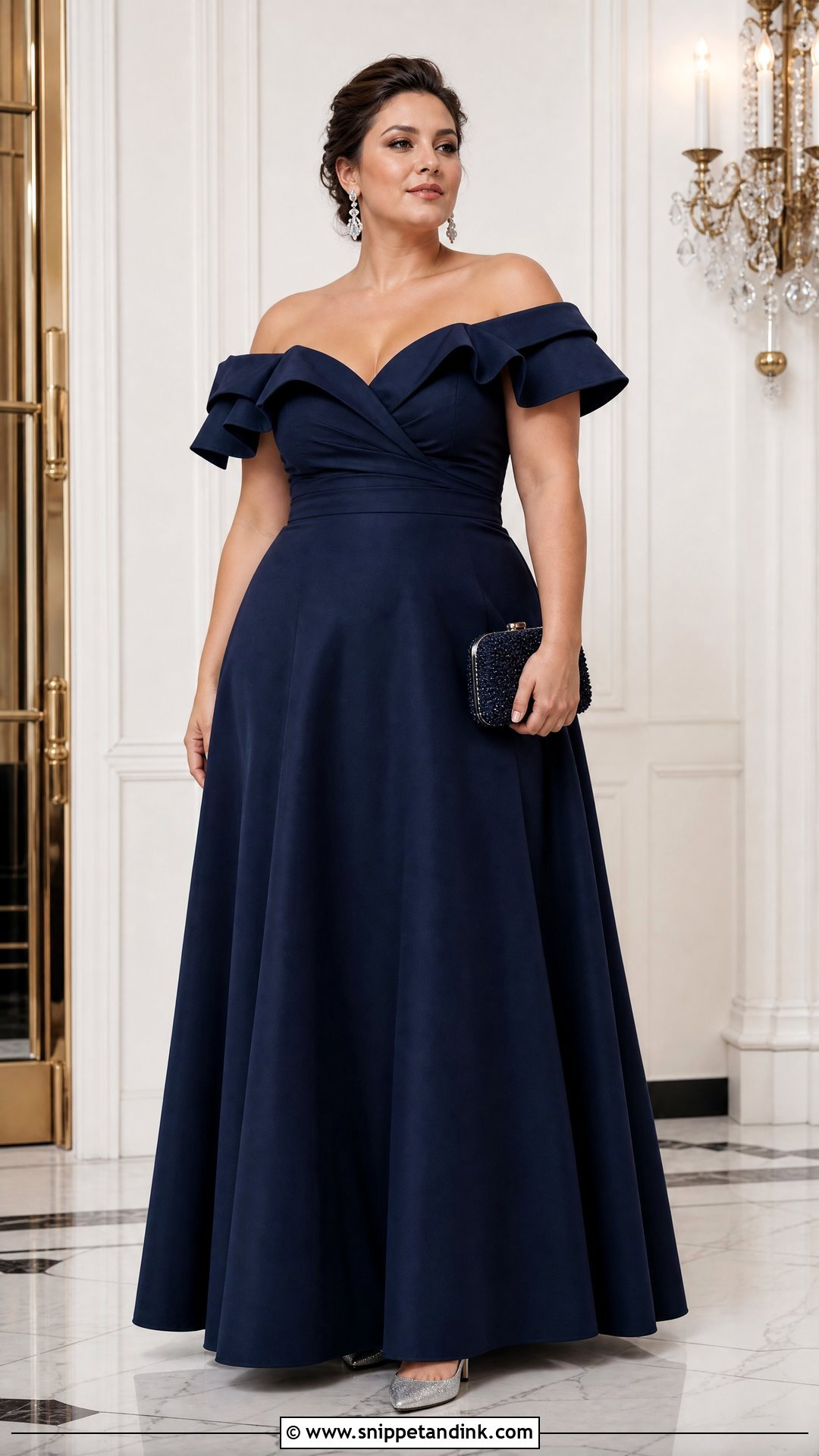 Navy Off the Shoulder Ruffled Gown - Snippet and Ink - 20 Ruffled Gown Ideas