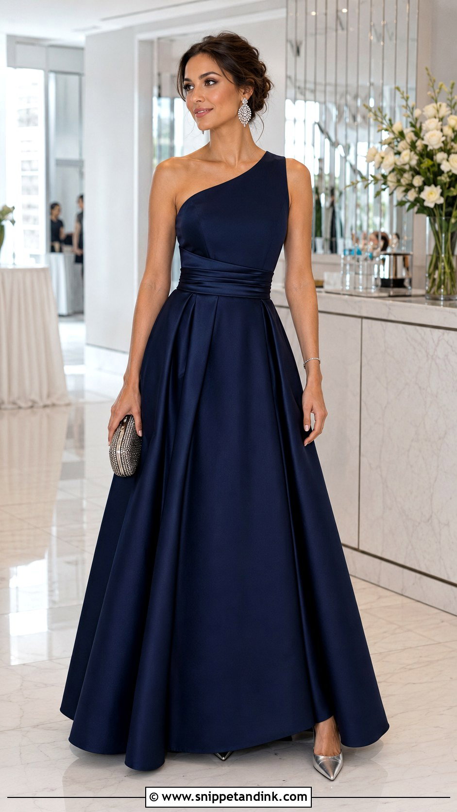 Navy One Shoulder Ball Gown With Crystal Earrings - Snippet and Ink - 20 Modern Ball Gown Ideas