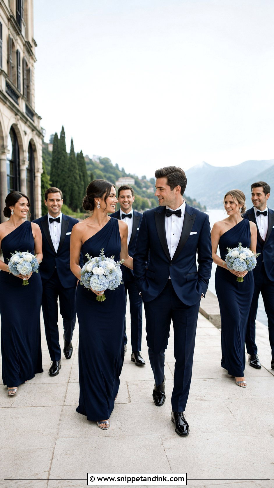 Navy One Shoulder Gown Black Tie Bridal Party - Snippet and Ink - 20 Black Tie Bridal Party Ideas