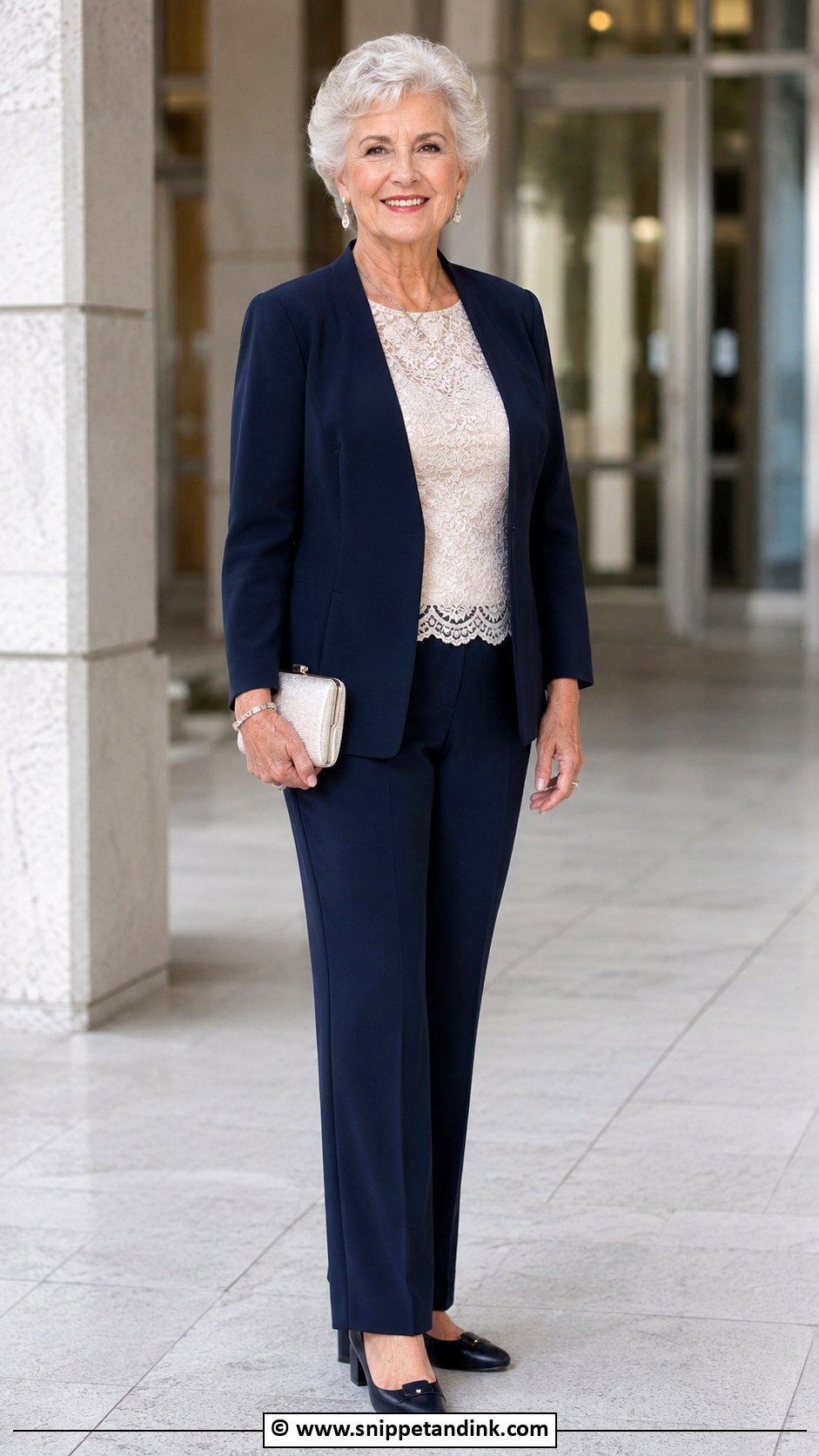 Navy Pantsuit With Lace Top Outfit - Snippet and Ink - 25 Grandma Wedding Outfit Ideas