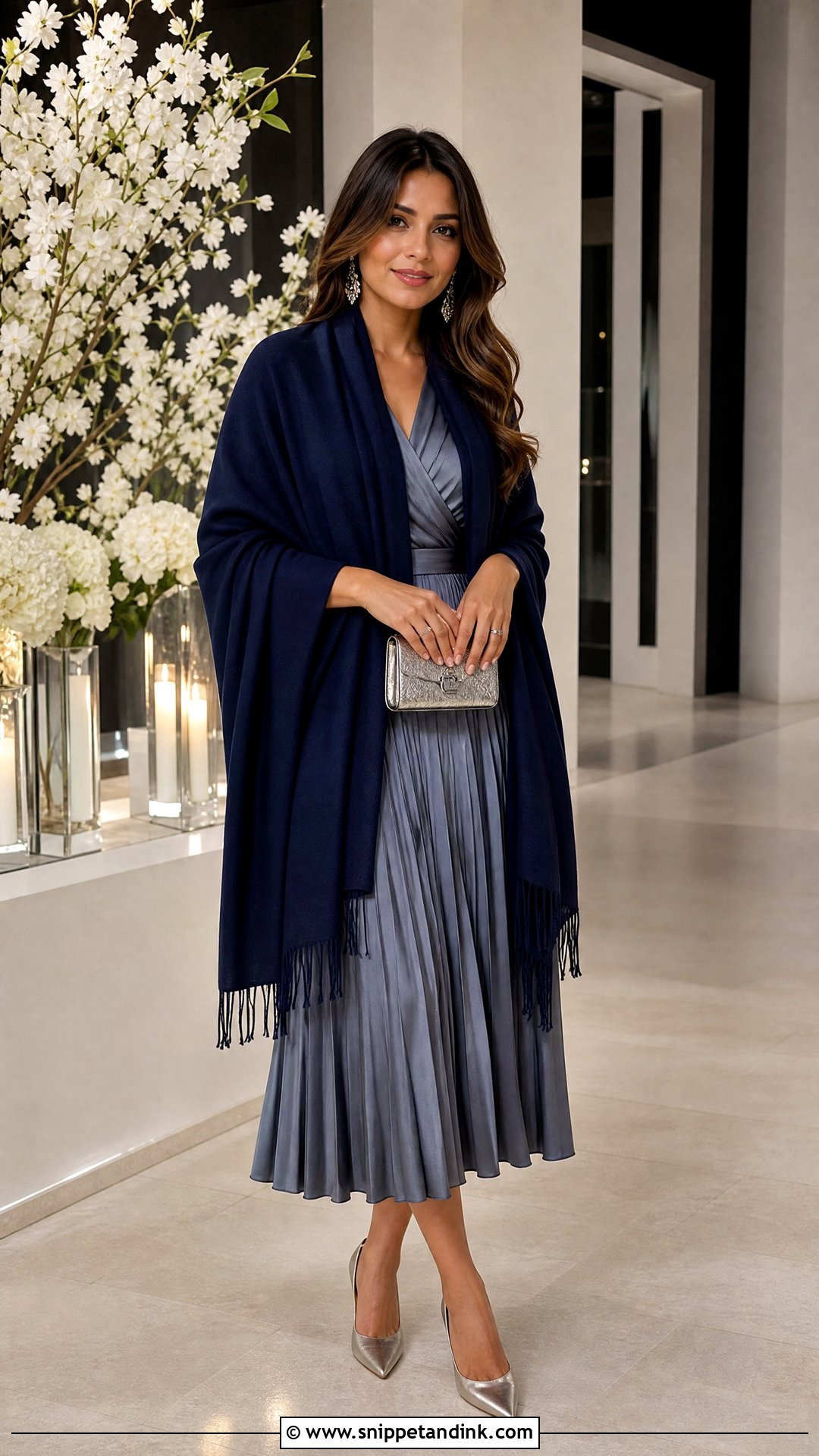 Navy Pashmina With Silver Wedding Guest Dress - Snippet and Ink - 20 Winter Wedding Shawl Ideas