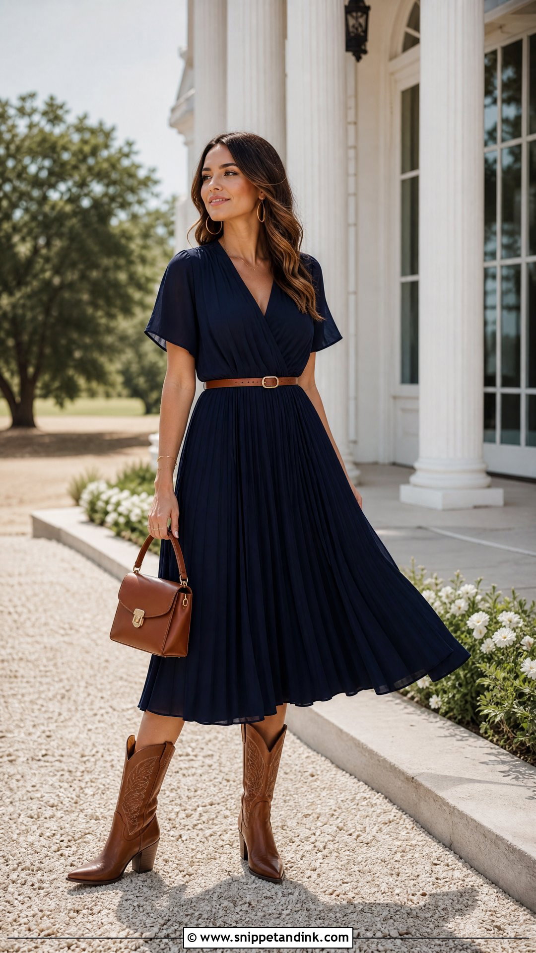 Navy Pleated Dress Western Wedding Outfit - Snippet and Ink - 20 Western Outfit for Wedding Ideas