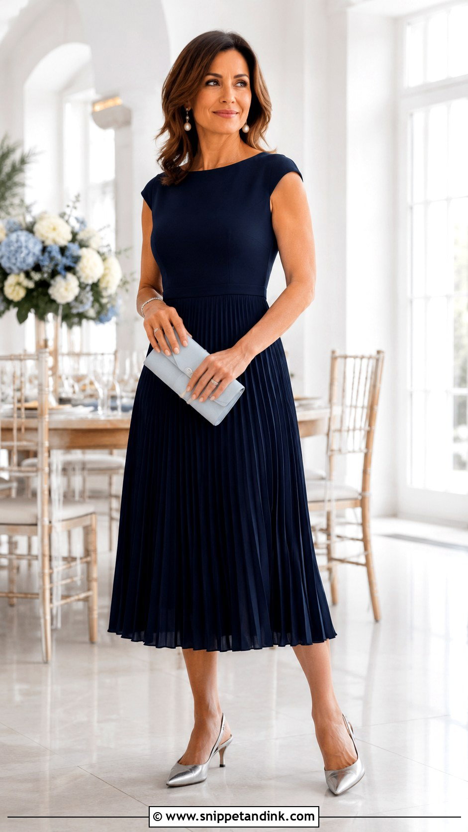 Navy Pleated Midi Dress Wedding Guest Outfit - Snippet and Ink - 20 Elegant Wedding Outfit Ideas