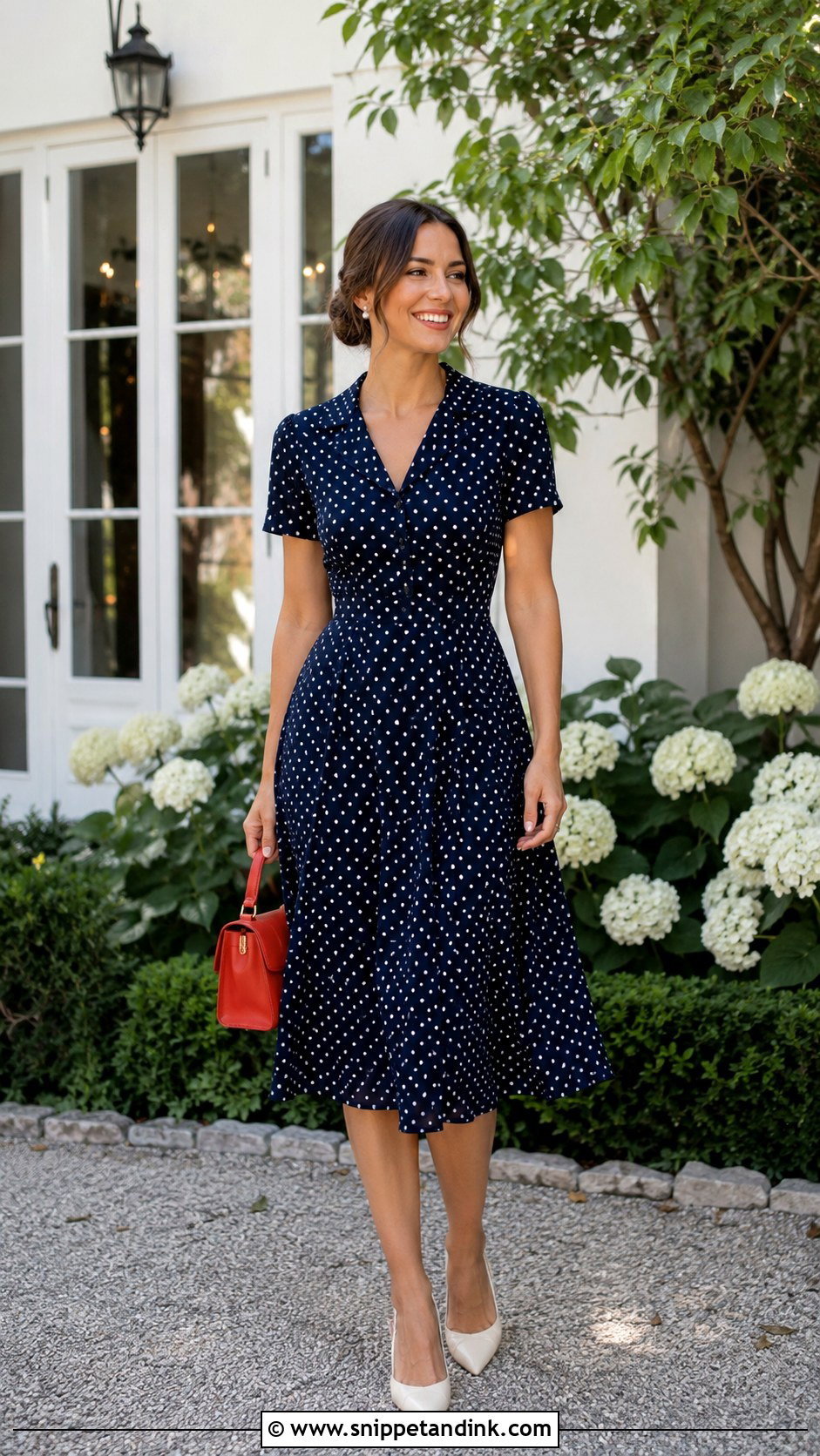 Navy Polka Dot Tea Dress With Slingback Shoes - Snippet and Ink - 20 Casual Summer Wedding Dress Ideas