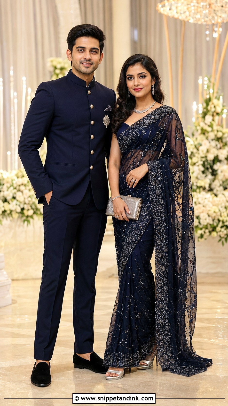 Navy Saree And Jodhpuri Suit - Snippet and Ink - 20 Couple Matching Outfits Indian Wedding