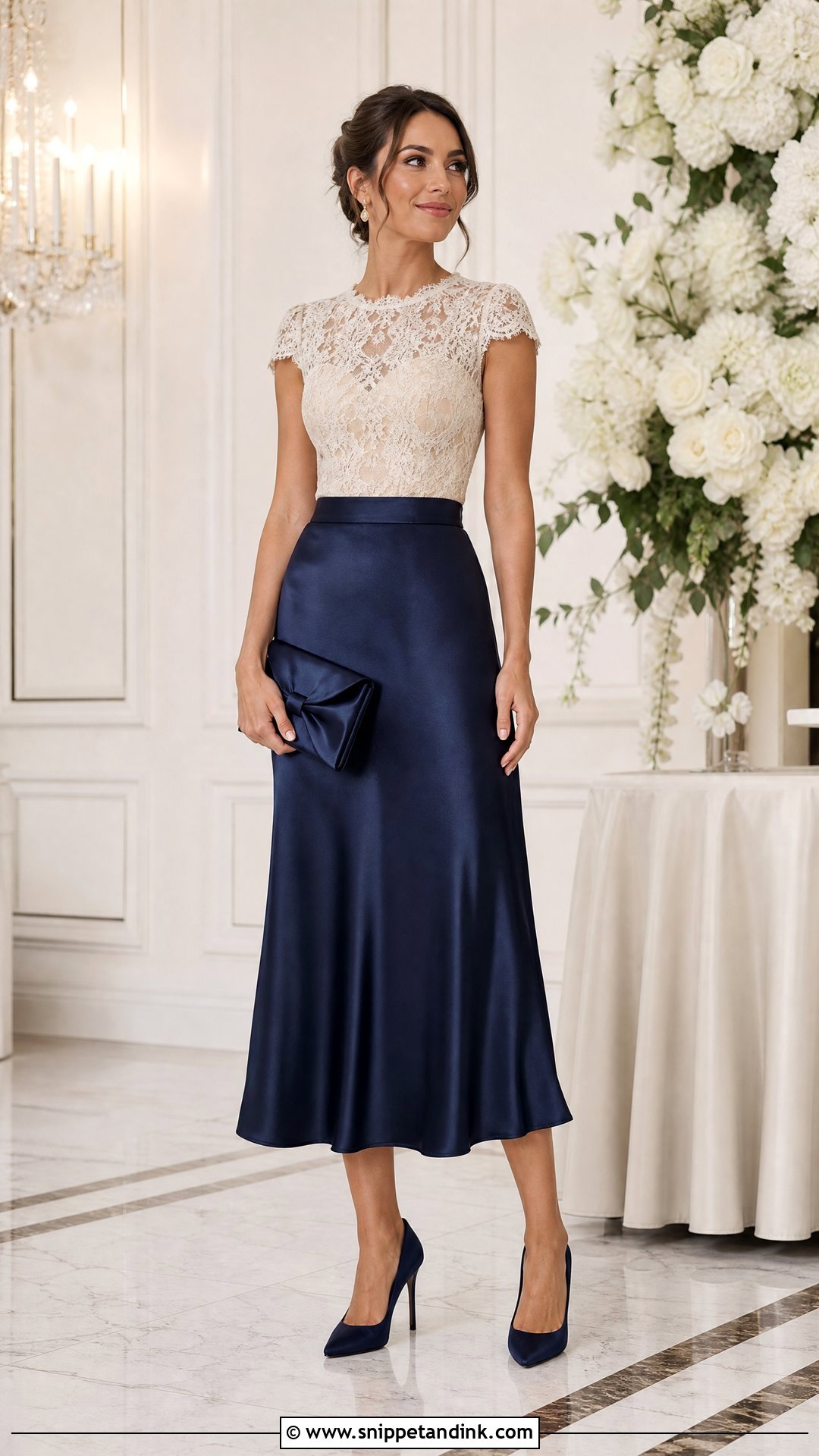Navy Satin Skirt With Lace Top - Snippet and Ink - 25 Classy Satin Skirt Wedding Outfit Ideas