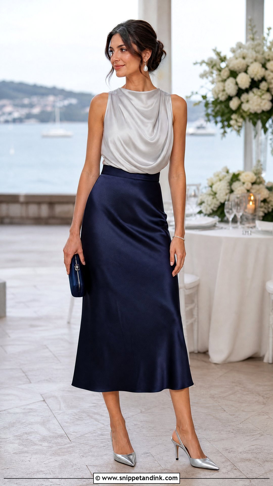 Navy Satin Skirt With Silver Shell Top - Snippet and Ink - 20 Satin Skirt Outfit for Wedding Ideas