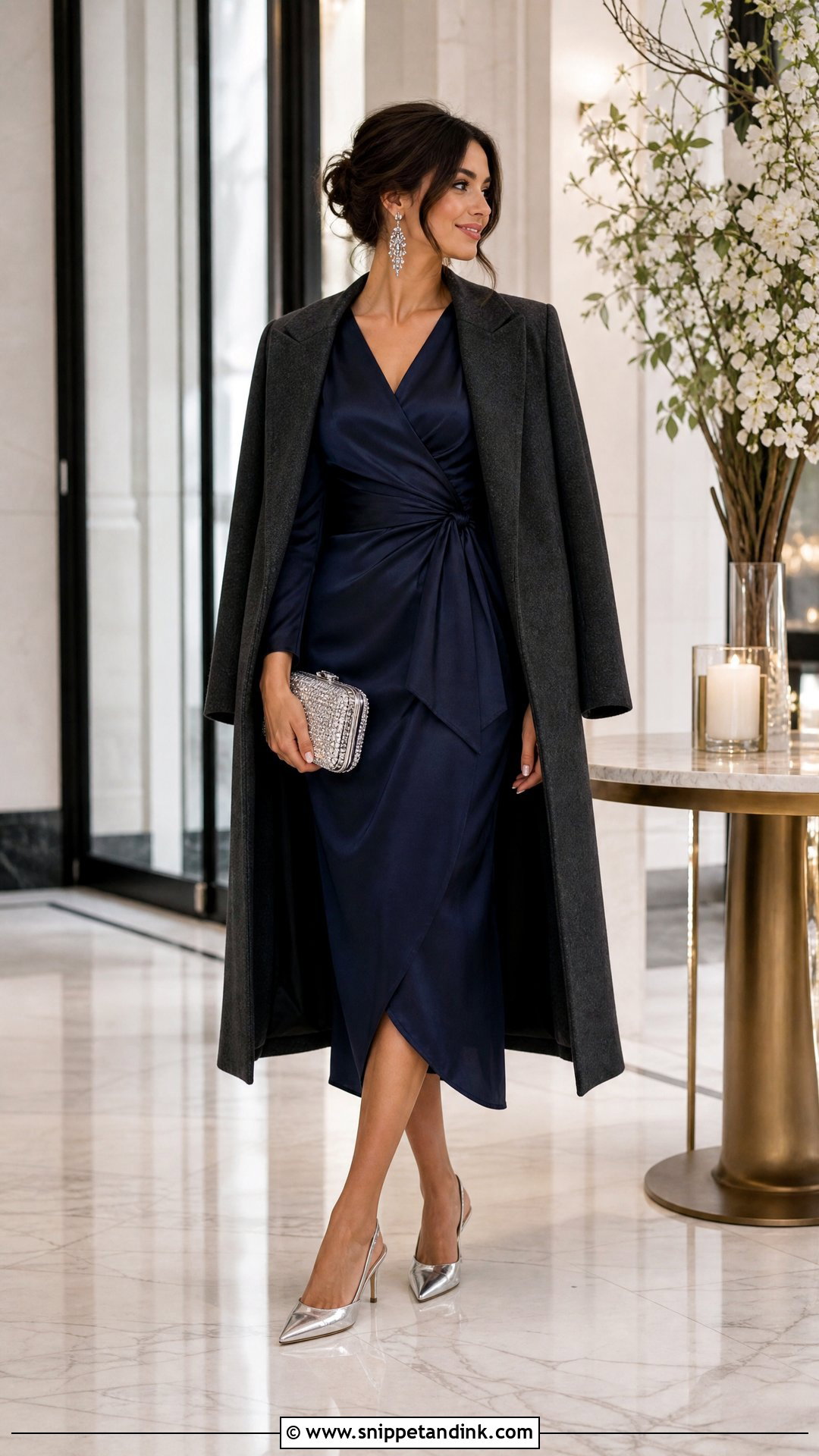 Navy Satin Wrap Dress Winter Wedding Outfit - Snippet and Ink - 20 Winter Outfits for Wedding