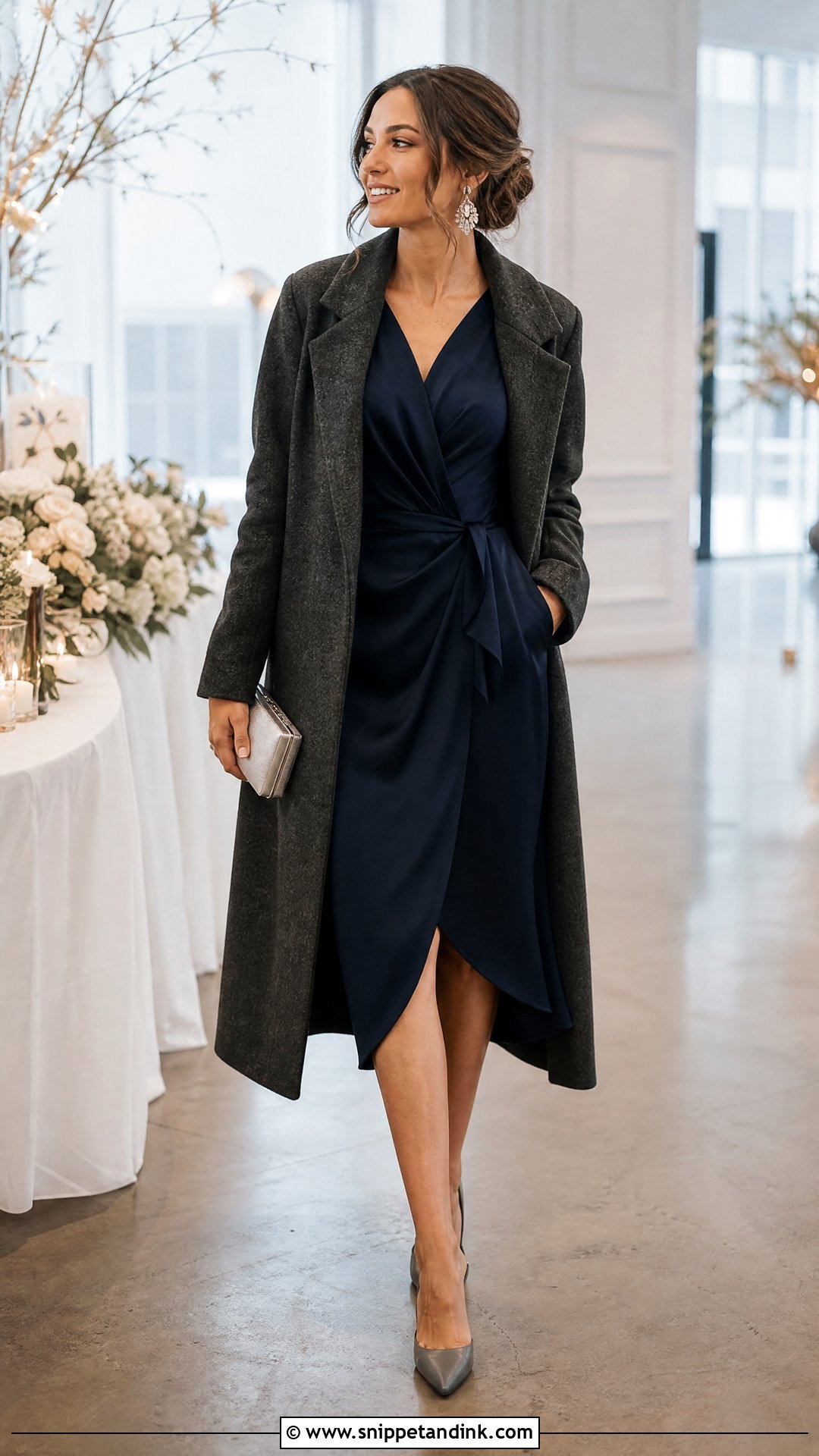 Navy Satin Wrap Dress Winter Wedding Outfit - Snippet and Ink - 20 Semi Formal Winter Wedding Attire Ideas