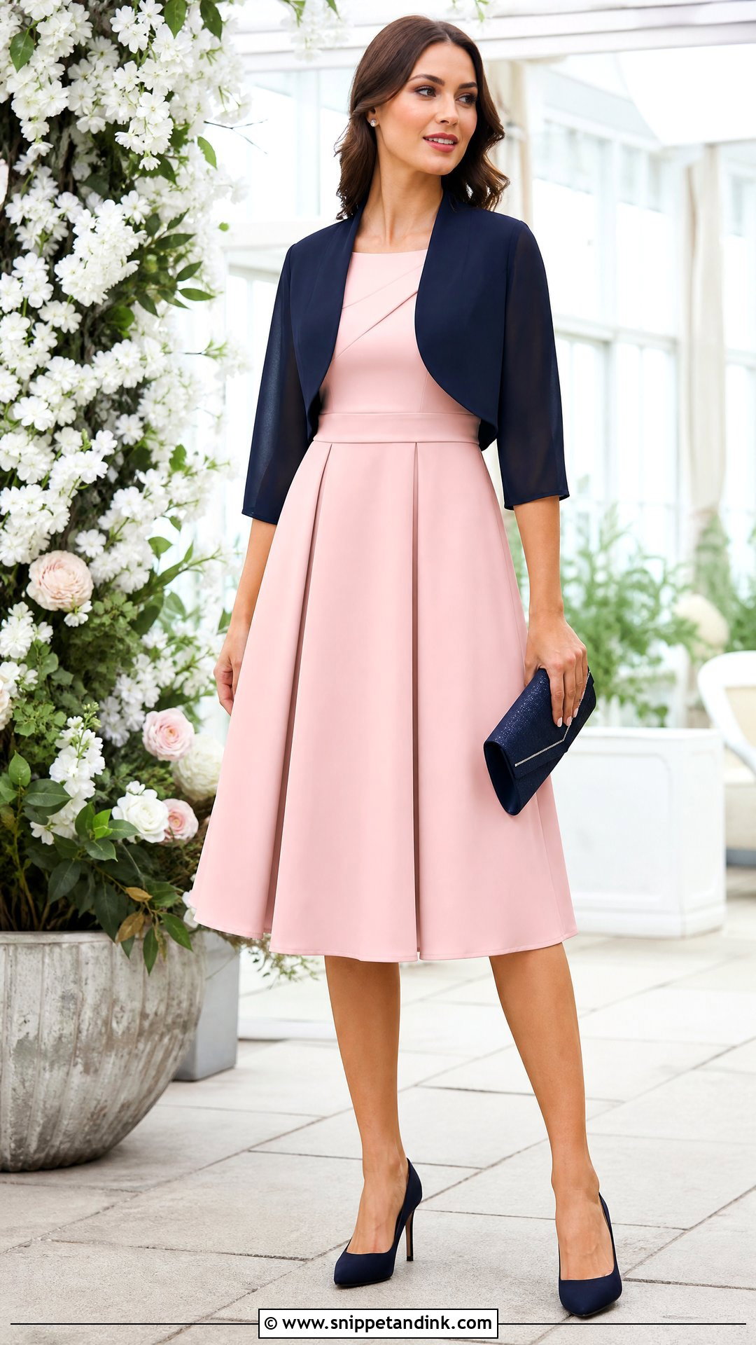 Navy Shrug With Blush Dress - Snippet and Ink - 25 Shrug Outfit Ideas for Wedding