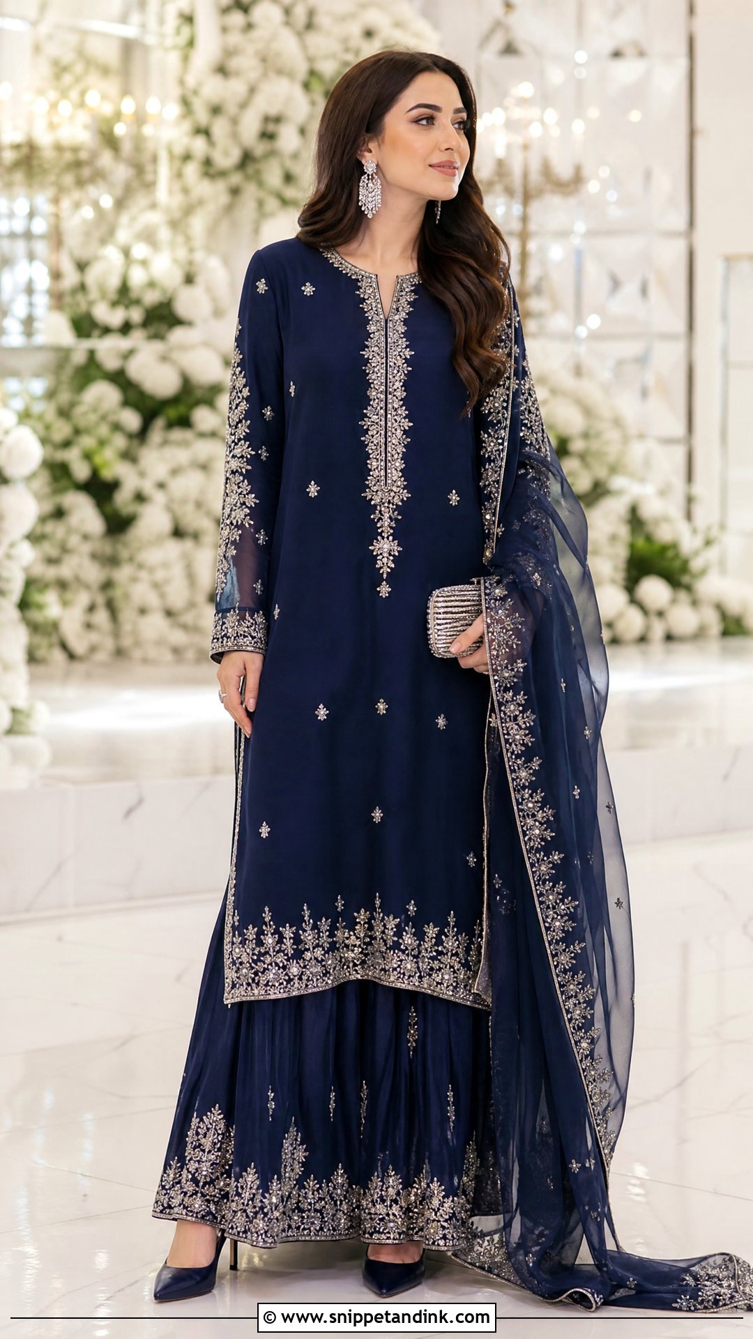 Navy Silk Long Shirt And Lehenga - Snippet and Ink - 20 Pakistani Silk Wedding Dress Ideas