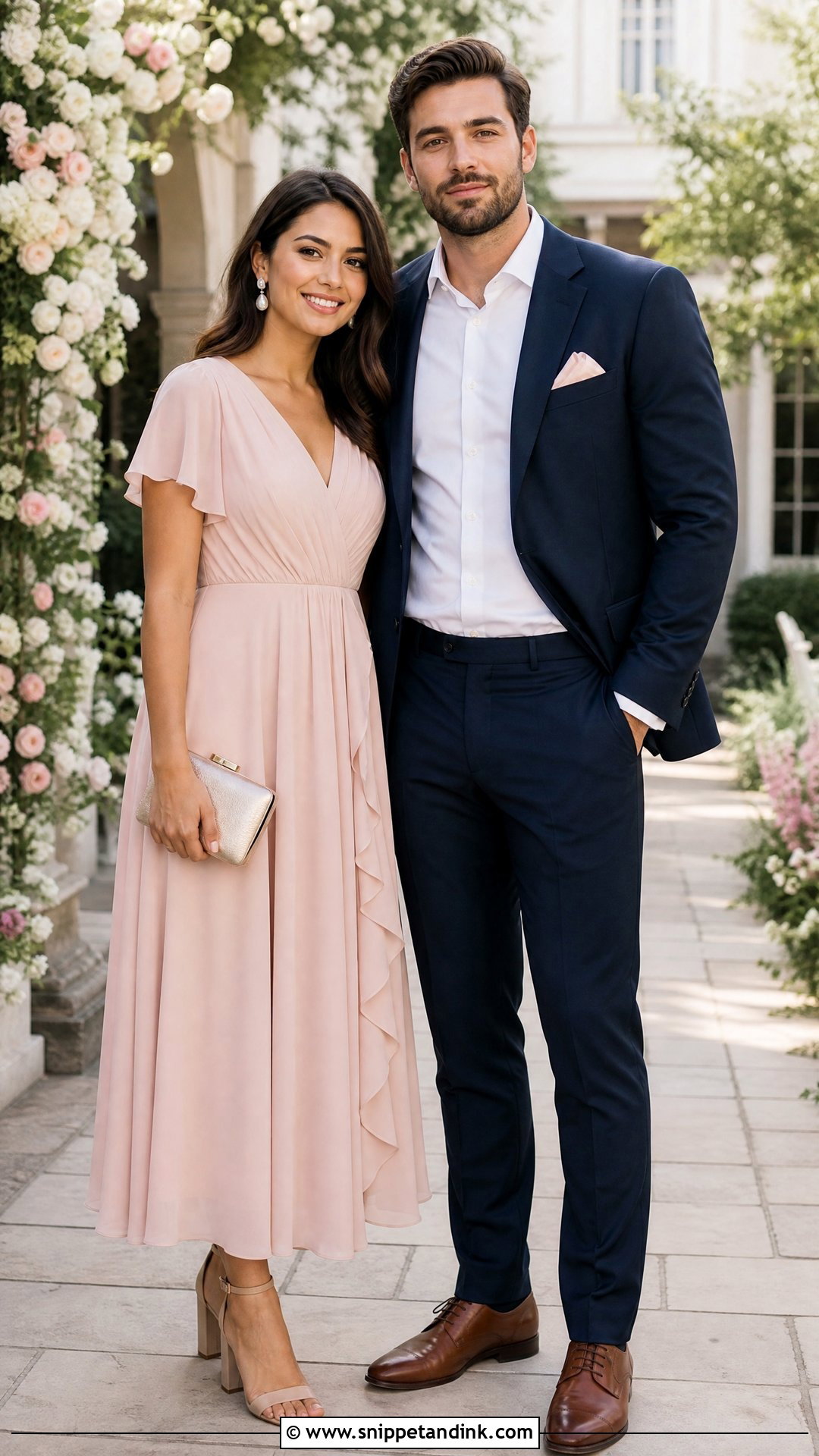 Navy Suit And Blush Midi Dress Wedding Outfit - Snippet and Ink - 20 Wedding Date Outfit Couple Ideas