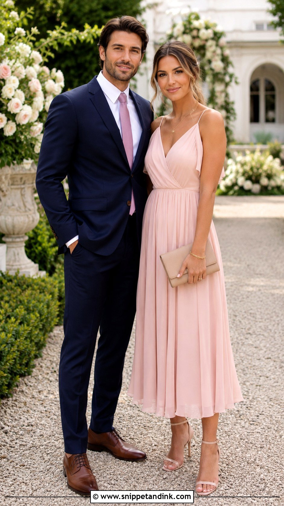 Navy Suit And Blush Pink Midi Dress - Snippet and Ink - 20 Couple Suit and Dress Ideas