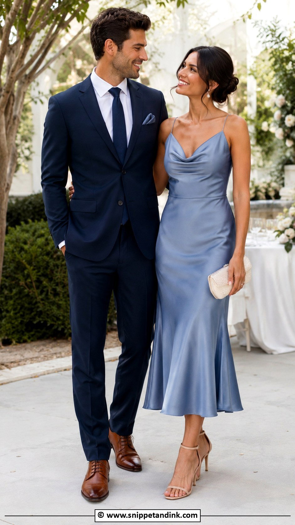 Navy Suit And Dusty Blue Dress Wedding Matching Outfit - Snippet and Ink - 35 Wedding Matching Outfits