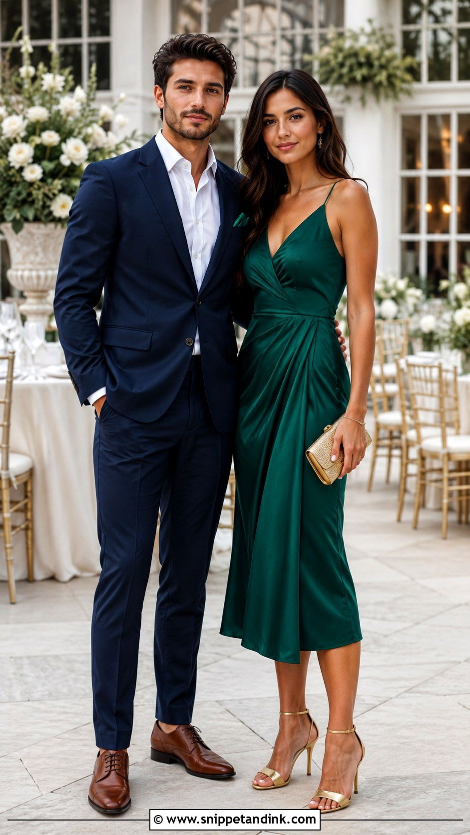 Navy Suit And Emerald Midi Dress Couple Wedding Outfit - Snippet and Ink - 20 Couples Wedding Outfits