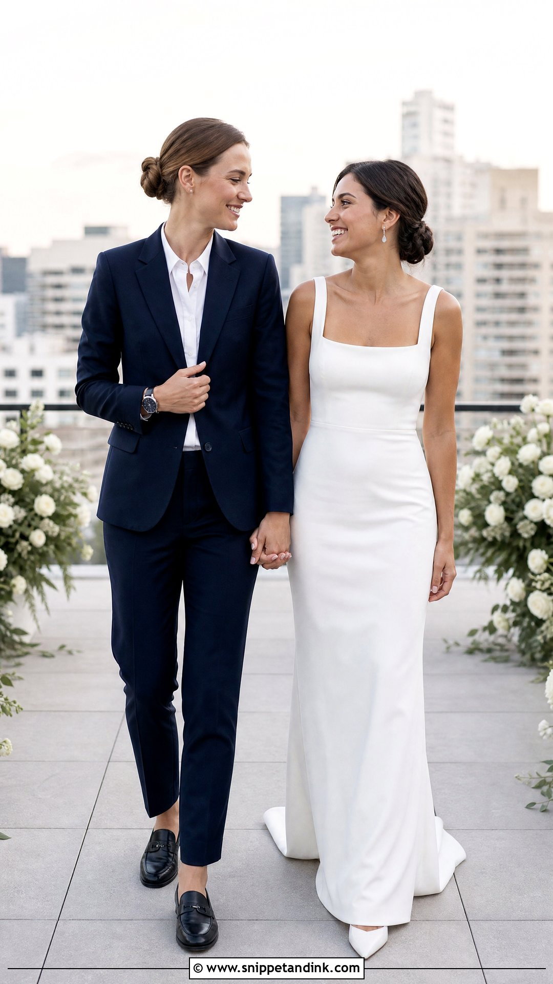 Navy Suit And Minimalist Wedding Dress - Snippet and Ink - 20 WLW Wedding Suit and Dress Ideas