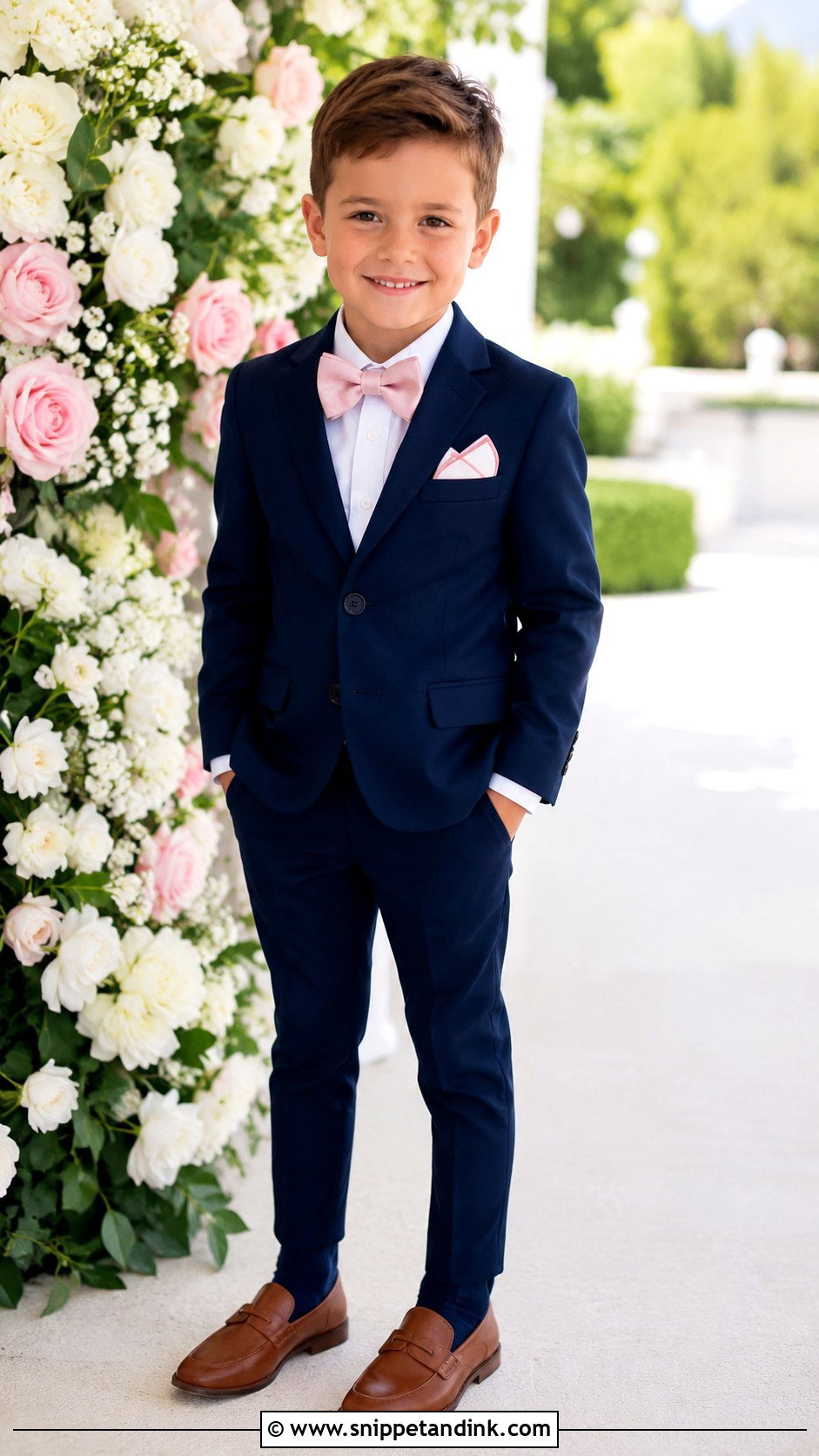 Navy Suit With Blush Pink Bow Tie - Snippet and Ink - 20 Navy Ring Bearer Outfit Ideas