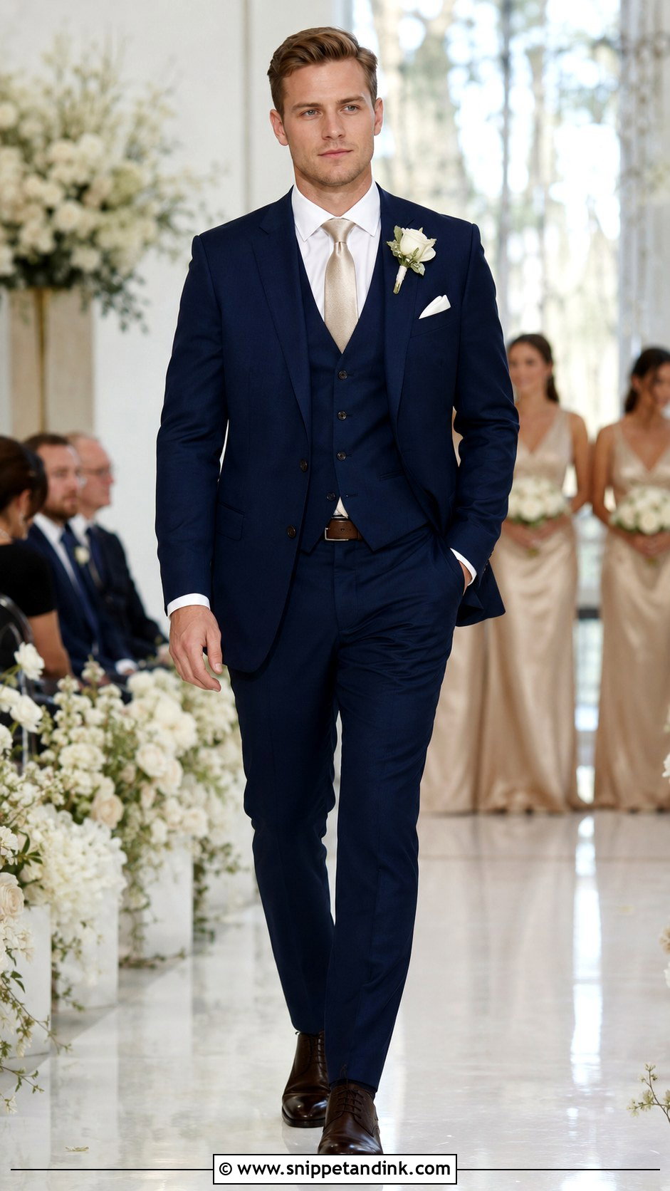 Navy Suit With Champagne Tie Bridesman Attire - Snippet and Ink - 20 Bridesmen Attire Ideas