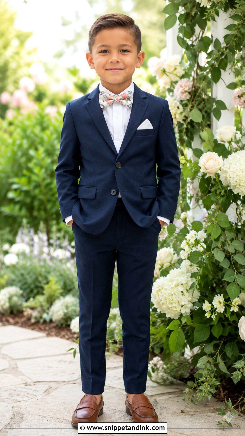 Navy Suit With Floral Bow Tie - Snippet and Ink - 20 Navy Ring Bearer Outfit Ideas