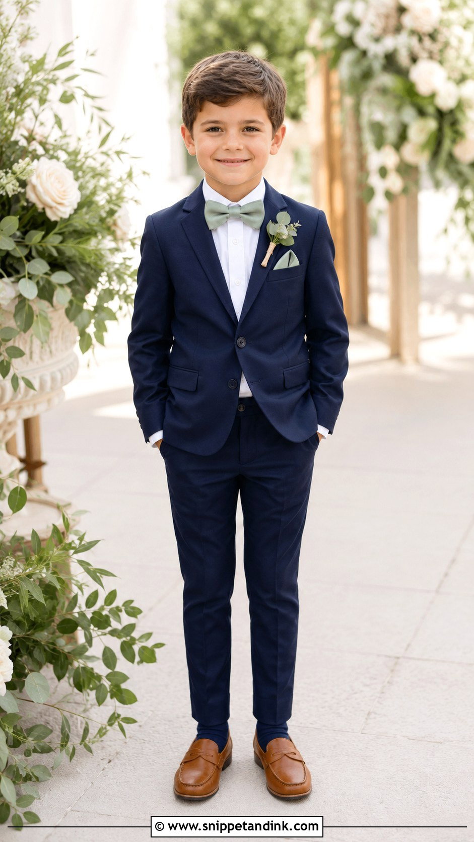 Navy Suit With Sage Green Bow Tie - Snippet and Ink - 20 Navy Ring Bearer Outfit Ideas