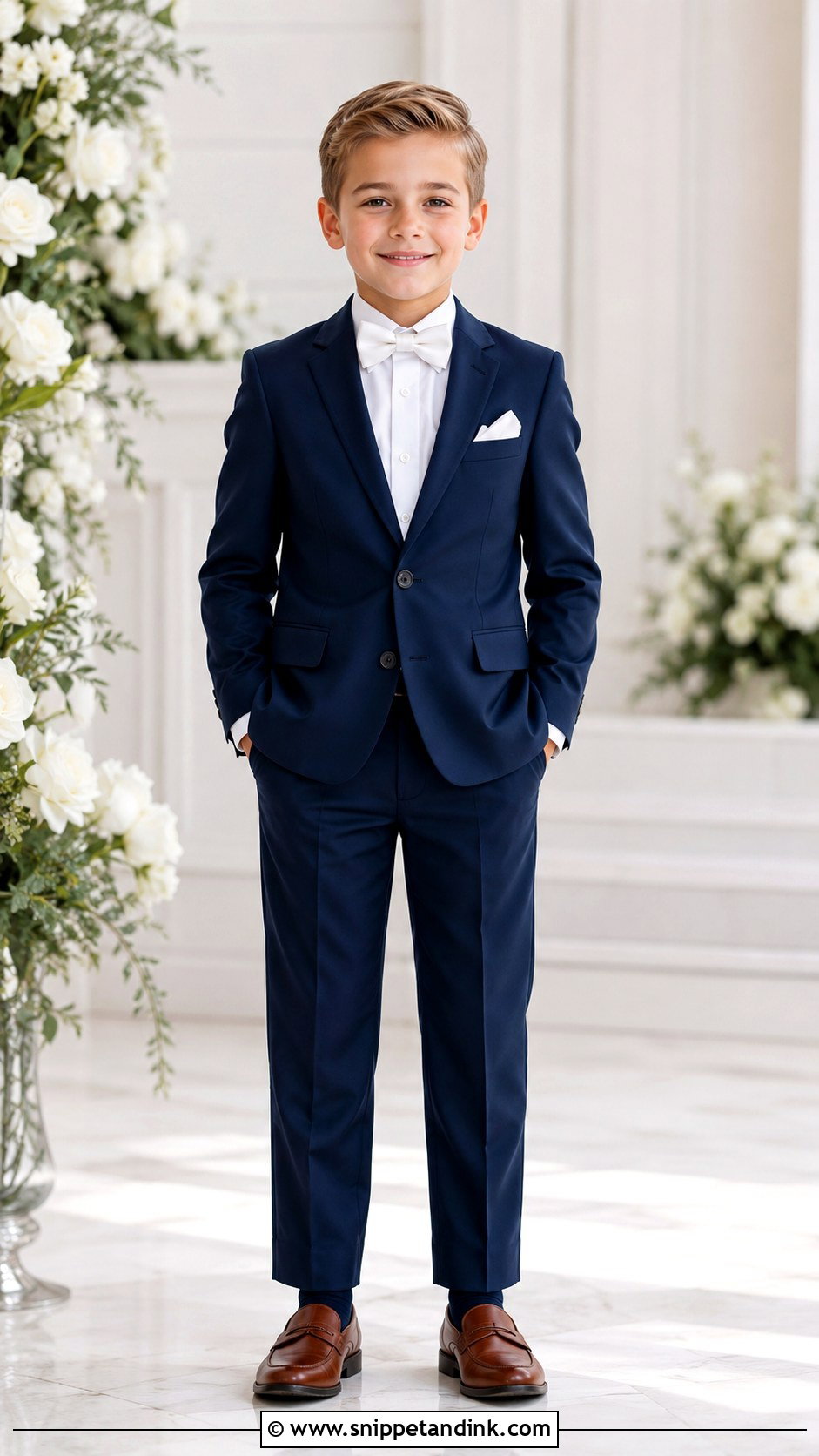 Navy Suit With White Bow Tie - Snippet and Ink - 20 Navy Ring Bearer Outfit Ideas