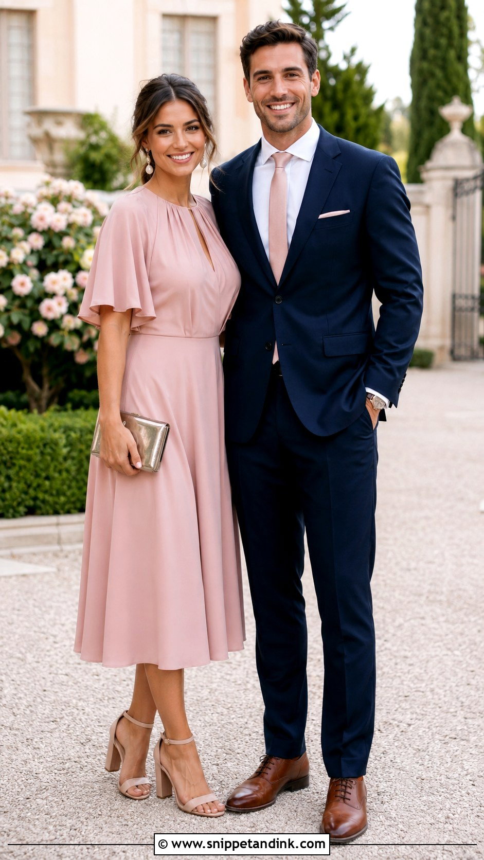 Navy Suit and Blush Dress Wedding Couple Outfit - Snippet and Ink - 20 Matching Couple Outfits for Wedding