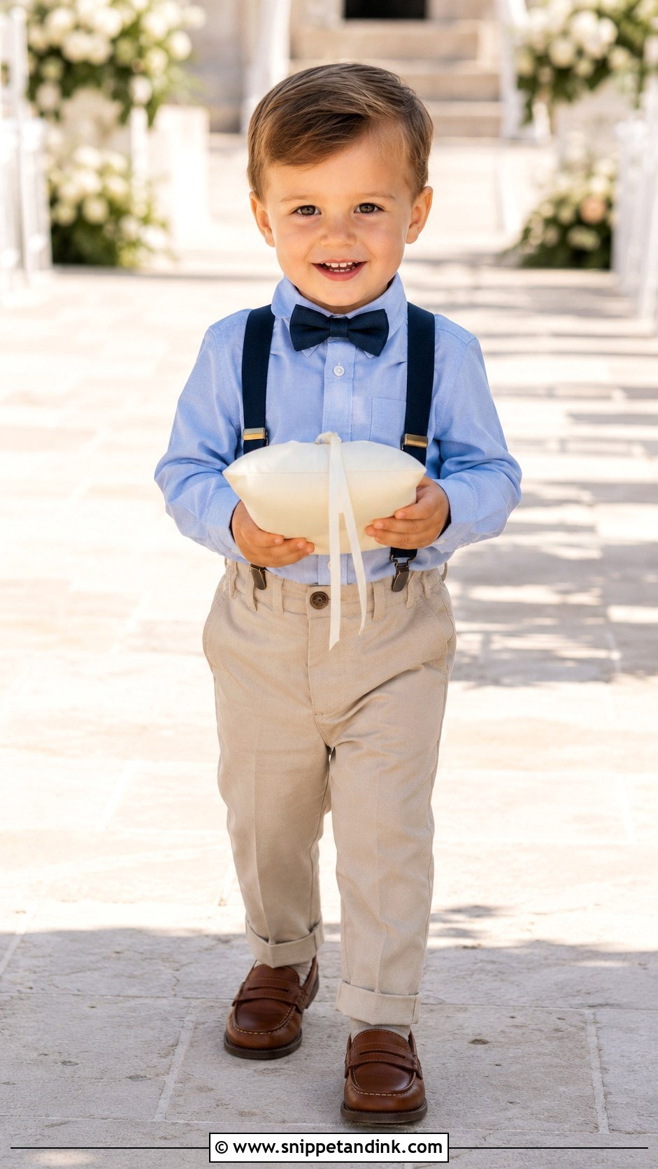 Navy Suspenders And Light Blue Shirt Outfit - Snippet and Ink - 20 Blue Ring Bearer Outfit Ideas