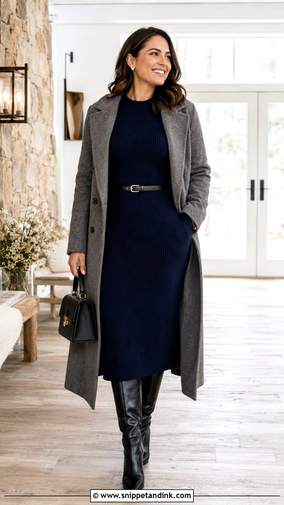 Navy Sweater Midi Dress With Knee High Boots - Snippet and Ink - 20 Casual Winter Wedding Dress Ideas