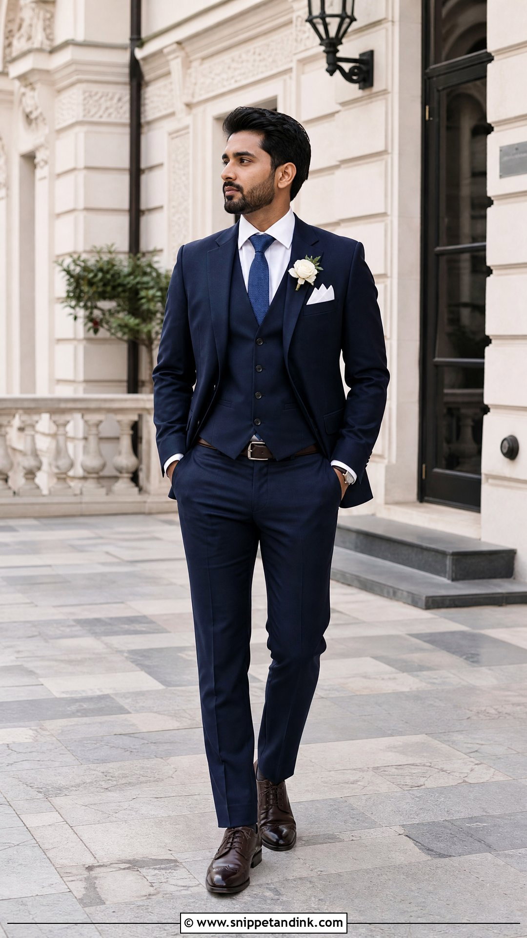 Navy Three Piece Engagement Suit - Snippet and Ink - 20 Virat Kohli Wedding Dress Ideas